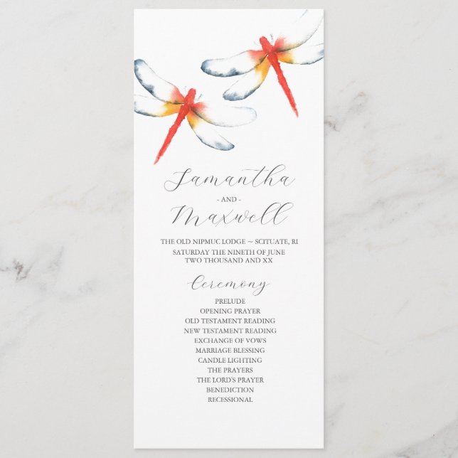 Convite Programas de Casamento Dragonfly Vermelha Watercol (Frente)