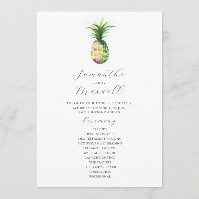 Convite Programas de Casamento Tropical Abacaxi Aquarela (Frente)