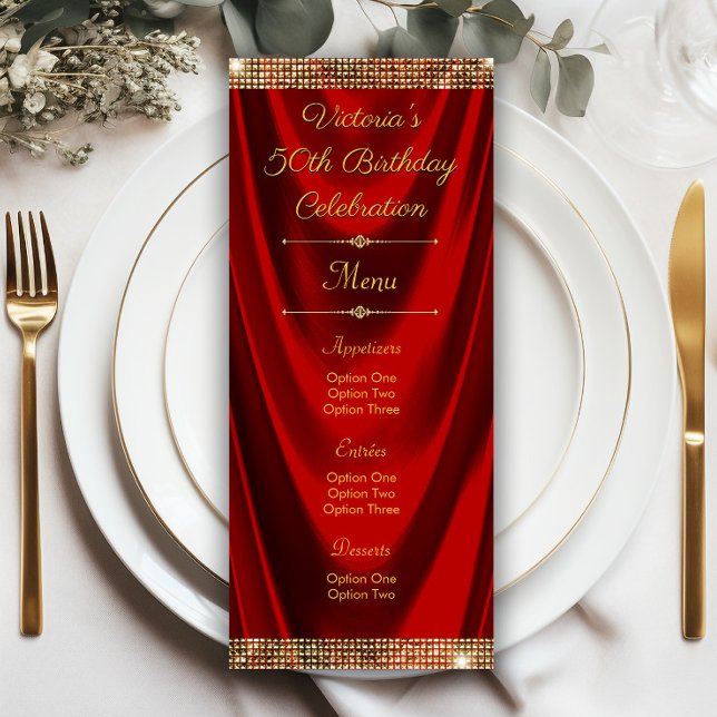Convite Programas de Menu de Festa de Aniversário em Doura (Elegant red gold any occasion menu or program. Simply add your details.)