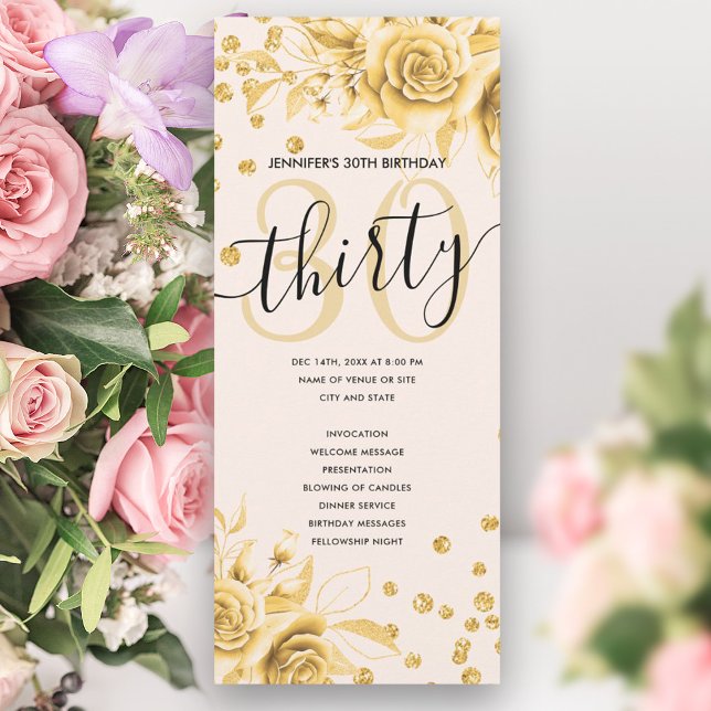 Convite Programas Dourados de aniversário de 30 anos Flora (Gold Floral Glitter 30th Birthday Programs)