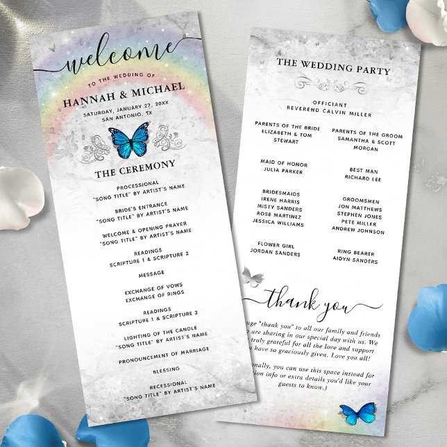 Convite Programas Elegantes De Casamento De Borboletas Azu (Elegant rainbow blue butterfly wedding programs for your big day!)