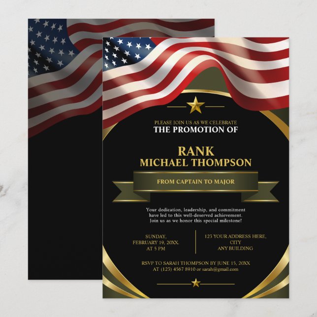 Convite Promoção no Exército dos EUA | Bandeira Americana  (Frente/Verso)