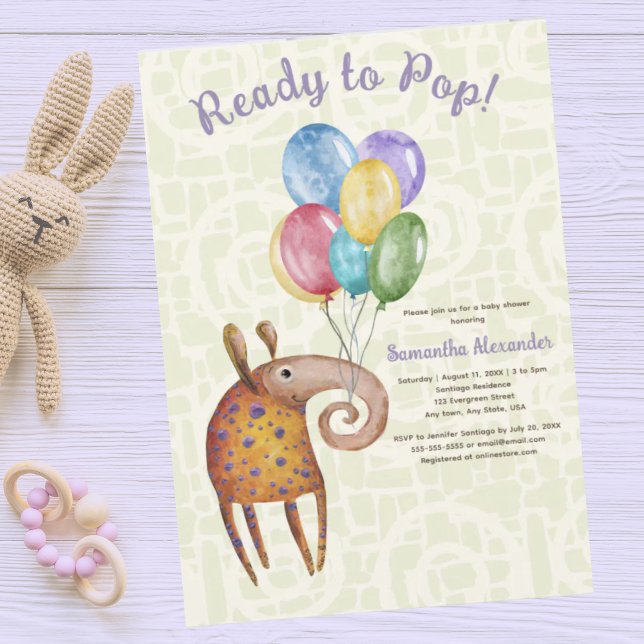Convite Pronta para chá de fraldas (Ready to Pop baby shower invitation. Cute aardvark holding balloons. Pastel green pattern background)