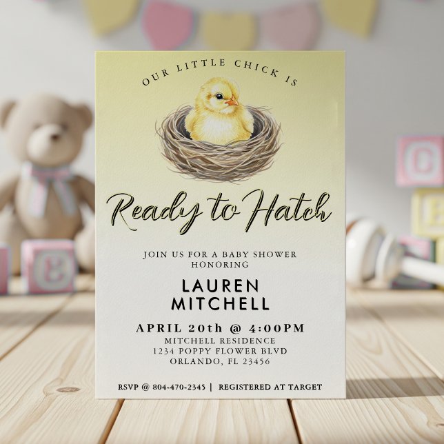 Convite Pronto Para Atingir O Chá de fraldas Pintinho Amar (Ready To Hatch Yellow Spring Chick Baby Shower Invitation
)