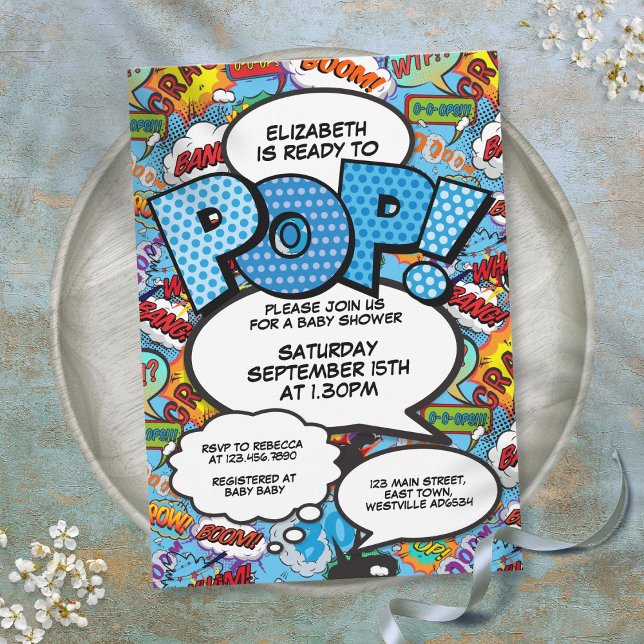 Convite Pronto para Nascer Chuvada de Bebê História em Qua (Ready to Pop Baby Shower Comic Book Modern Blue Invitation)
