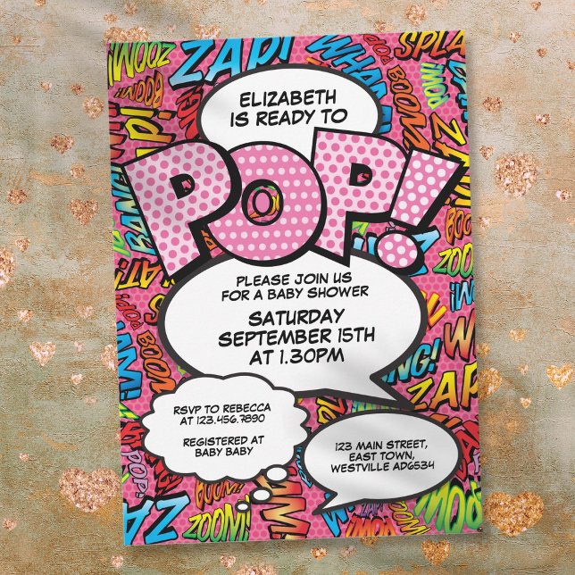Convite Pronto para o Bebê Nascer Chuveiro de Bebê Históri (Ready to Pop Baby Shower Comic Book Fun Pink Invitation)