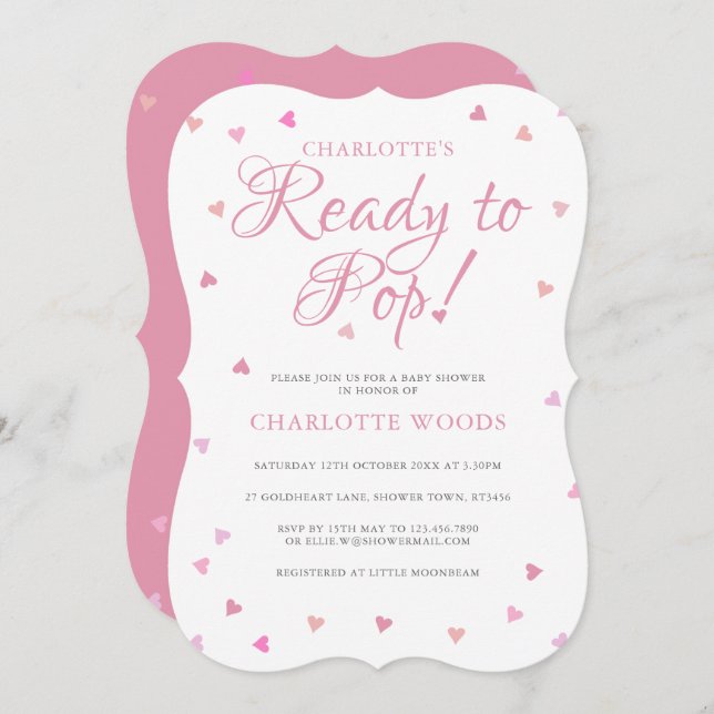 Convite Pronto Para Pop Corações Cor-De-Rosa Chá de fralda (Frente/Verso)