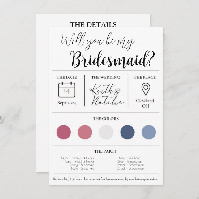 Convite Proposta de Bridesmaid (Frente/Verso)