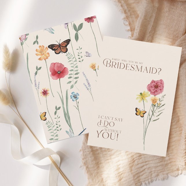 Convite Proposta de Bridesmaid da Borboleta de Flor Selvag (Simple Colorful Wildflower Floral Wedding Be My Bridesmaid Proposal Card)