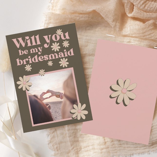 Convite Proposta de Bridesmaid de Foto Castanho Retro-Rosa (Criador carregado)