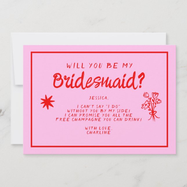 Convite Proposta de Bridesmaid de Letra Rosa &Vermelha (Frente)