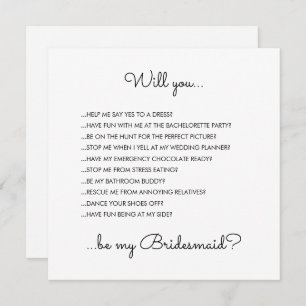 Convite Proposta de Bridesmaid de Script Branco Moderno En
