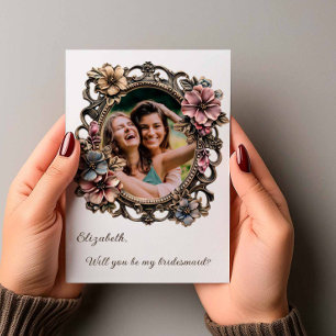 Convite Proposta de Bridesmaid Foto Oval Barroca Floral