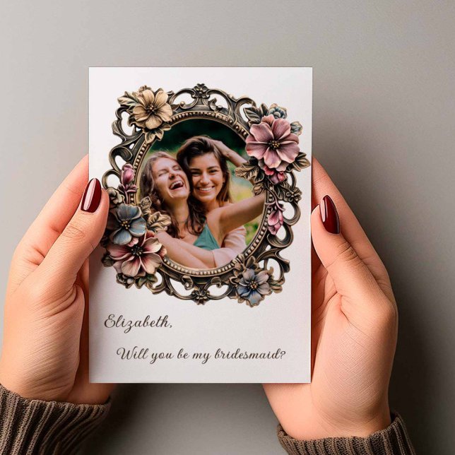 Convite Proposta de Bridesmaid Foto Oval Barroca Floral (Pastel Oval Frame WYB Card)