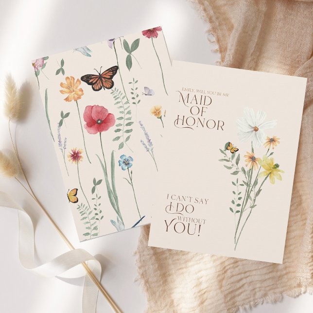 Convite Proposta de Dama de Honra Flor Silvestre Caprichos (Simple Colorful Wildflower Floral Wedding Maid of Honor Proposal Card)