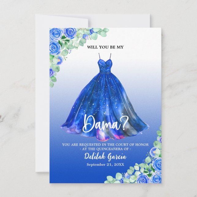 Convite Proposta de Dama de Quinceañera Azul Bonita (Frente)