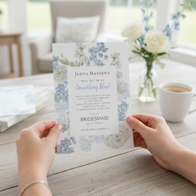 Convite Proposta de Damas de Honra Floral em Aquarela Azul (Criador carregado)