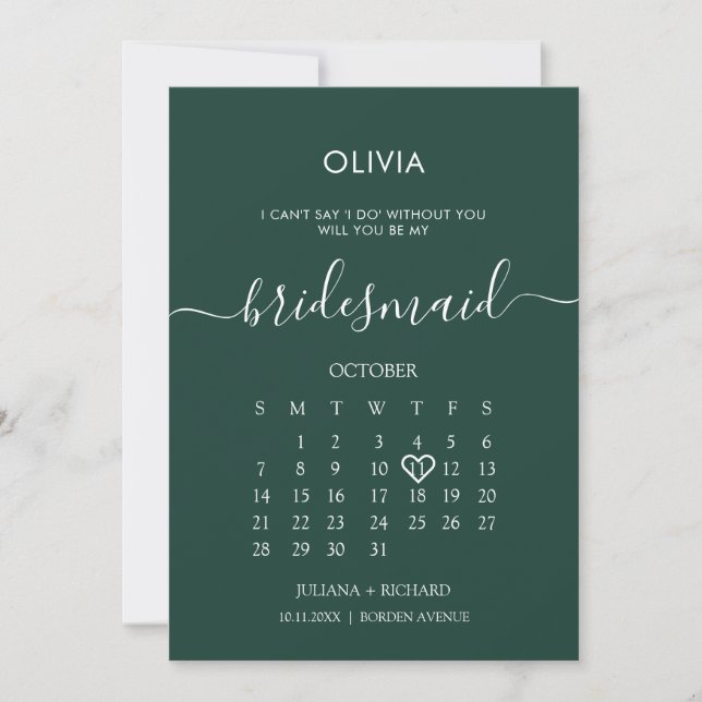 Convite Proposta de Esmeralda do Bridesmaid do Calendário  (Frente)