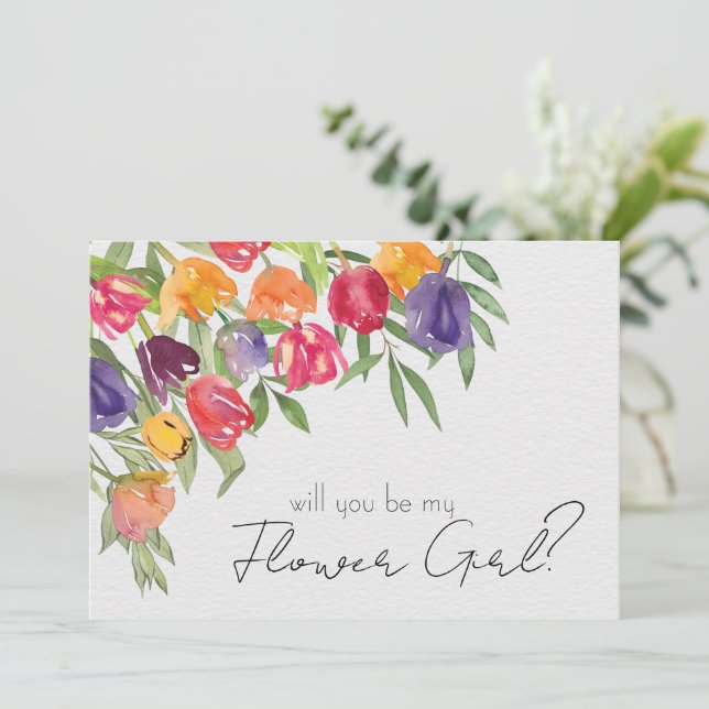 Convite Proposta de Menina de Flores com Tulipas Brilhante (Em pé/Frente)