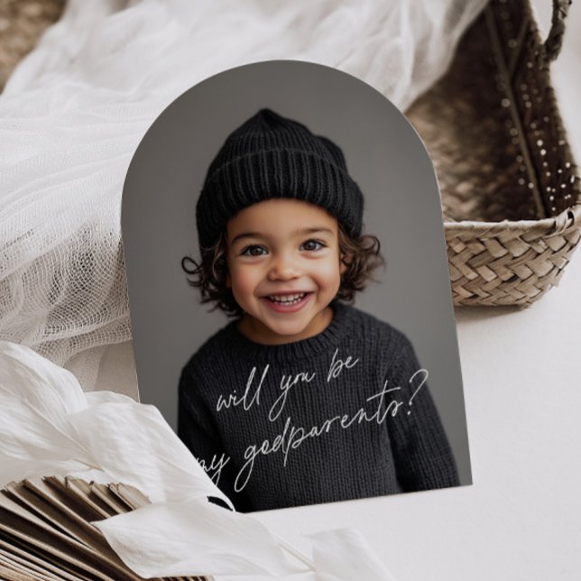 Convite Proposta de Padrinhos Escrita à Mão Foto Arco Meni (Zazzle Godparents Handwritten Proposal Photo Arch Boy Invitation (Front))
