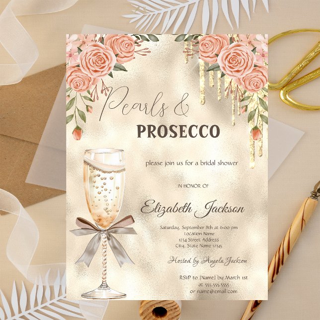 Convite Prosecco Pérolas Arco Glitter Gotas Boho Rosas (Criador carregado)