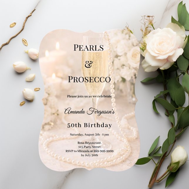 Convite Prosecco Pérolas Champanhe elegante aniversário  (Criador carregado)