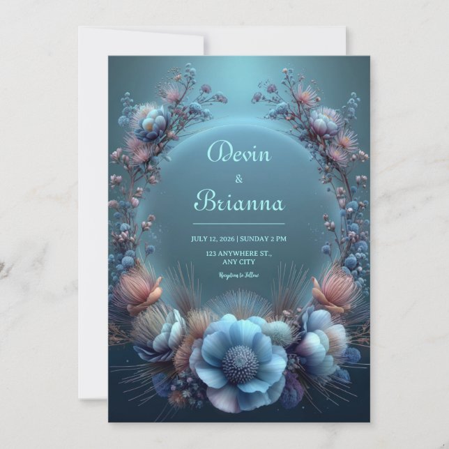 Convite Protea Azul Vibrante com Halo Etéreo de Casamento (Frente)