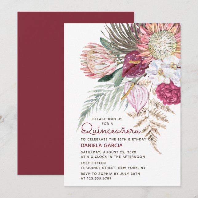 Convite Protea Watercolor Buquê Floral Quinceañera (Frente/Verso)