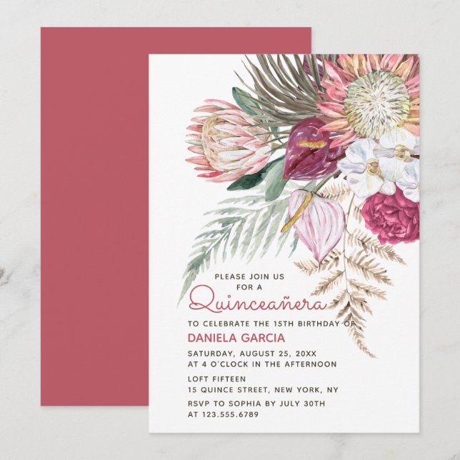 Convite Protea Watercolor Buquê Floral Quinceañera (Frente/Verso)