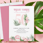 Convite Proteína Tropical Rosa 50º Festa de aniversário Nú<br><div class="desc">50º convite de aniversário com o número 50 decorado com palmeiras tropicais,  flores de proteína rosa e um coco. Design elegante e feminina com arranjos florais de cor d'água em tons de rosa e verde. Perfeito para comemoração de 50 anos,  festa de luau ou festa de jardim.</div>