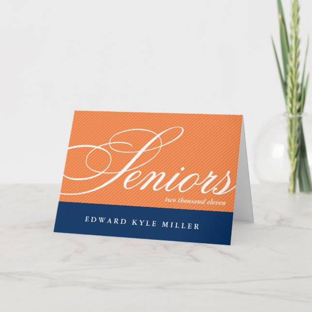 Convite Proud seniors navy orange graduation announcement (Frente)