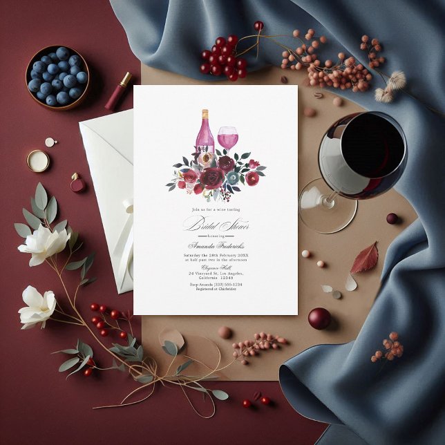 Convite Provando de vinho Boho Burgundy e Chá de panela (Burgundy, Navy and Dusty Blue Bridal Shower Wine Tasting Invitation)