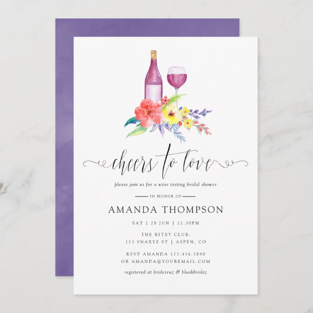 Convite Provando de Vinho Chá de panela Floral de Aquarela (Frente/Verso)