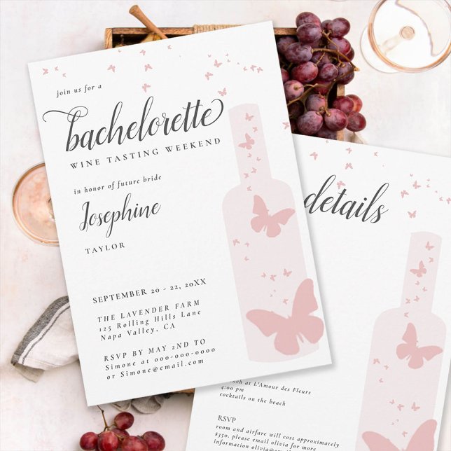 Convite Provando de vinho Festa de solteira inicial românt (wine tasting bachelorette weekend itinerary invitation pink bottle butterflies elegant simple classy)