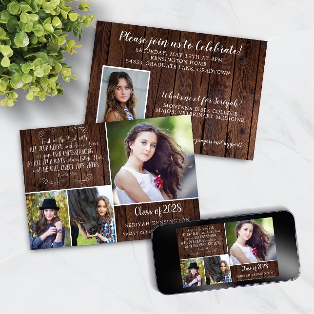 Convite Proverbos Rustic Wood Christian Graduation 3 (Rustic Wood Christian Graduation Invitation featuring Proverbs 3)