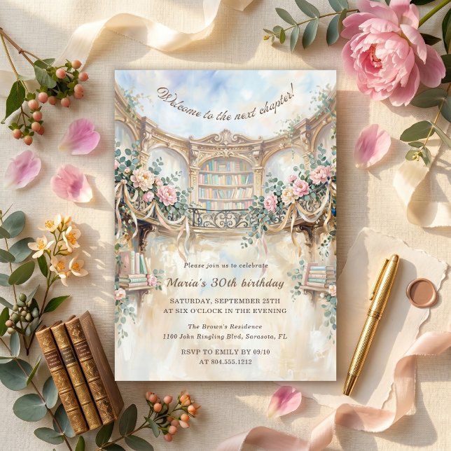 Convite Próximo Capítulo Romântico Floral Biblioteca Anive (Next Chapter Romantic Floral Vintage Library Womens Birthday Party)
