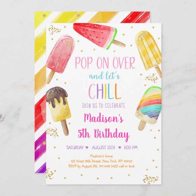 Convite Psicle Rainbow Pink Dourado Girl Aniversário (Frente/Verso)