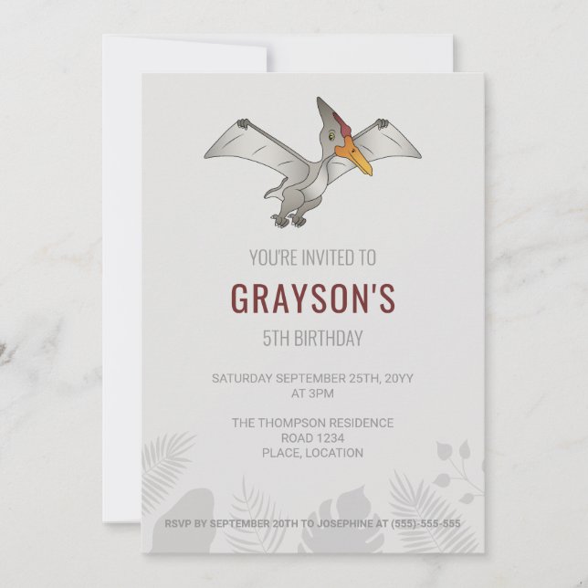 Convite Pteranodon Dinossauro Minimalista Aniversário Cinz (Frente)