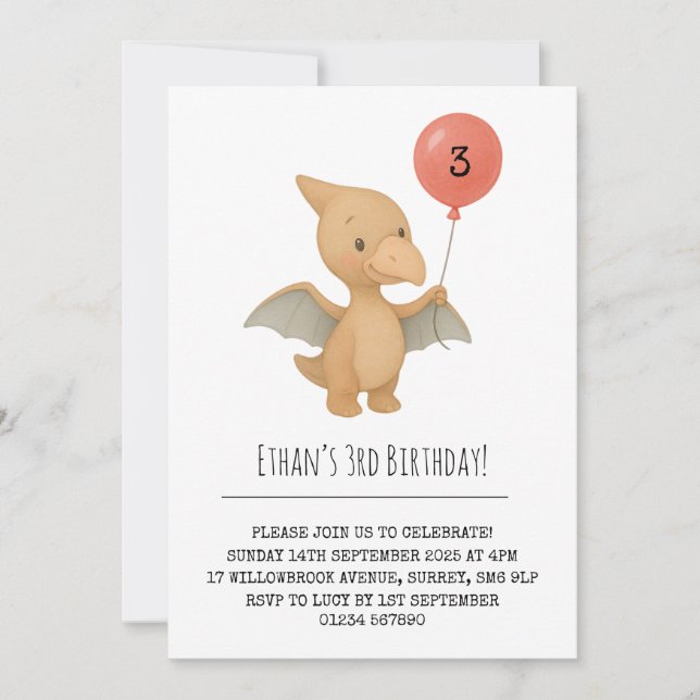 Convite Pterodátilo Cute Segurando Balão Rosa Aniversário (Frente)
