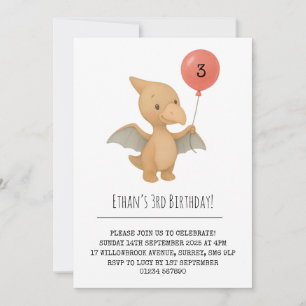 Convite Pterodátilo Cute Segurando Balão Rosa Aniversário