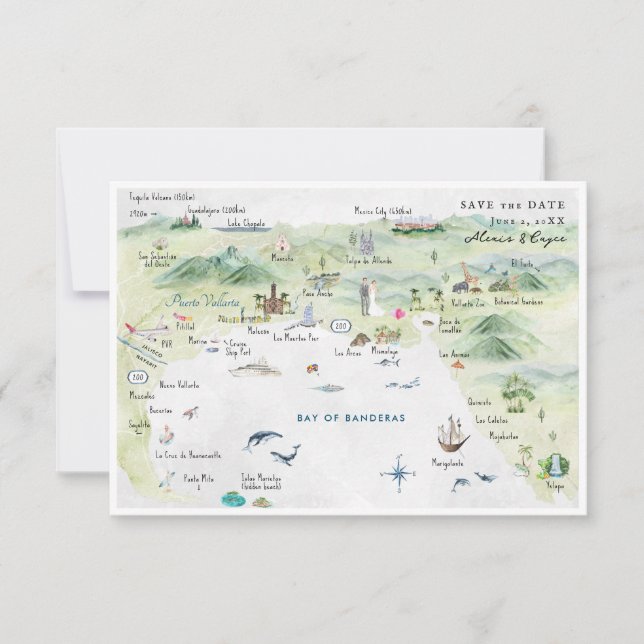 Convite Puerto Vallarta, México | Mapa Itinerário do Casam (Frente)