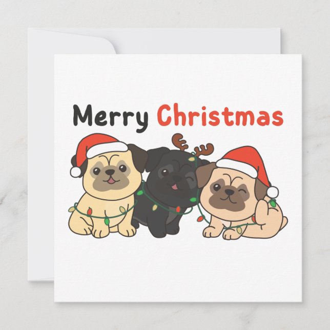 Convite Pug Animais de Natal Cães Bonitos Feliz Natal Em (Frente)