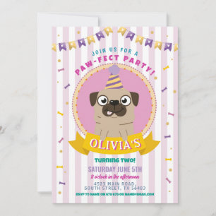 Convite Pug Birthday Dog Party Confetti