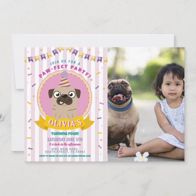 Convite Pug Birthday Dog Party Confetti Foto (Frente)