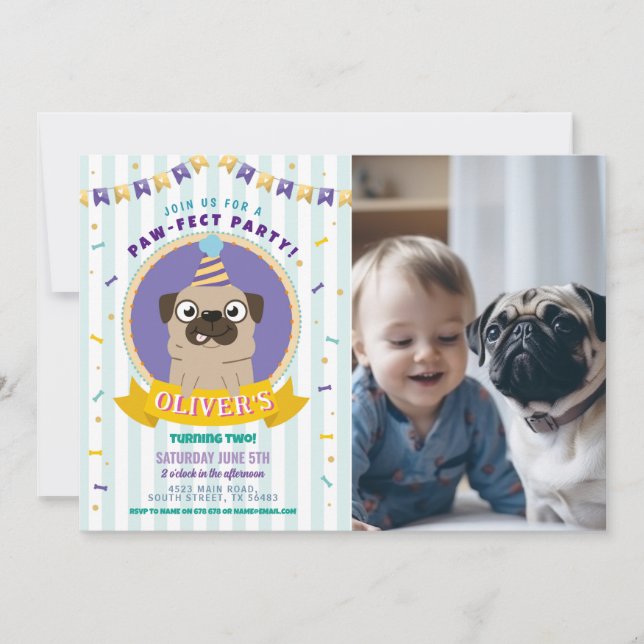 Convite Pug Birthday Doggparty Cachorro Confetti Blue (Frente)