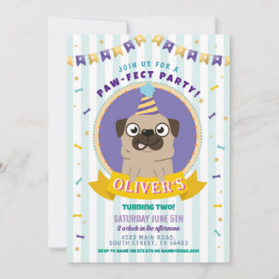 Convite Pug Birthday Doggparty Cachorro Confetti Blue