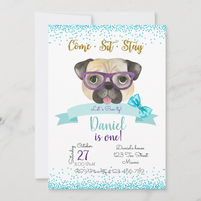 Convite Pug Birthday Invitation, Pug Invite (Frente)