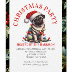 Convite Pug Canine Retro Watercolor Natal