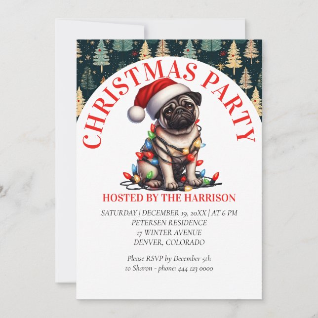 Convite Pug Canino Retro  Fofo Aquarela Natal (Frente)