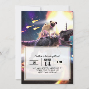 Convite Pug cavalgando unicórnio de dinossauro no espaço